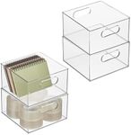 mDesign Deep Plastic Stackable Storage Organizer Container Bin, Office Organization for Filing Cabinet, Cupboard, Shelves, and Desk - Holds Notepads, Pens, Pencils - Ligne Collection, 4 Pack, Clear