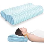 Anvo Memory Foam Pillow, Neck Contour Cervical Orthopedic Pillow for Sleeping Side Back Stomach Sleeper, Ergonomic Bed Pillow for Neck Pain - Blue White, Soft