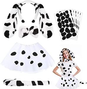 Neer Animal Costume Set Kid Dalmatian Costume Set with Dog Animal Ear Headband Tail and Bow Tie, Kid White Skirt and 5 Sheets Self-adhesive Sticker for Halloween Christmas Cosplay Dress Costume, Multi-color, mediun