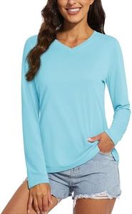 MAGCOMSEN Long Sleeve Sun Shirt for Women V Neck Moisture Wicking UV Protection Tshirts Workout Summer Tops Lake Blue, S