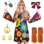 70s 60s Hippie Costume Disco Dress Set,70s outfits,70s Costume For Women,60th 70th Birthday Party Costume (Flowers, X-Large)