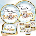 Teddy Bear Baby Shower Plates Napkins Tableware - We Can Bearly Wait Party Decorations Blue Teddy Bear Disposable Paper Plates Napkins Cups for Boy Girl Baby Shower Birthday Party Supplies