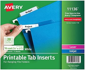 Avery Printable Tab Inserts for Hanging File Folders, 1/2" x 2", 1/5 Cut, White, 100 Index Tab Inserts (11136)