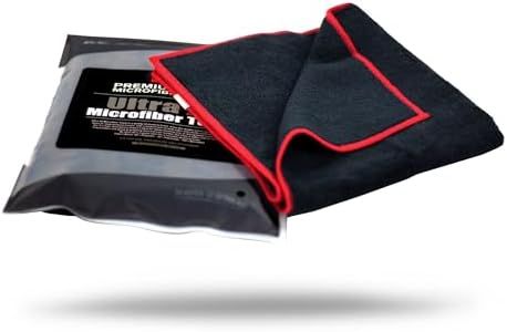 Maxshine 16" x 24" 330GSM Black Microfiber Car Detailing Towel with Red Sewn Border – Ultra-Soft & Absorbent – Ideal for Car Cleaning, Polishing & Interior/Exterior Detailing