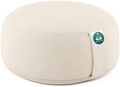 Present Mind (Height 6.5") Round Zafu Yoga Bolster for Gymnastics & Meditation Made in the EU - Light Beige 100% Natural Cotton Yoga Meditation Buckwheat Meditation Cushion with Washable Covers