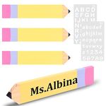 gyepin 4 Pcs Personalized Pencil Teacher Name Plates and 2 Pieces Marker English Templates,Teacher Appreciation Presents Blank Wooden Shaped Plaque Desk Signs Back to School Classroom Decor