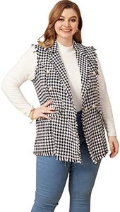 WDIRARA Women's Houndstooth Print Sleeveless Lapel Raw Trim Button Front Long Vest Jacket Houndstooth Black 4XL