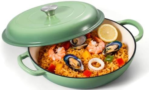 Leonyo 3.6QT Enameled Cast Iron Skillets Braiser with Lid, Pistachio Green