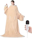 Wearable Electric Blanket with Foot Pocket and Sleeves, Heating Throw Blanket, 6 Heating Levels & Auto Shut Off, Machine Washable (Long, Beige)