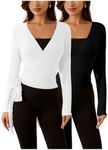 SweatyRocks Women's 2 Pack Yoga Shirts Wrap Ruched Tie Front Long Sleeve Workout T Shirts Black and White Large