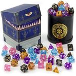 Cup of Wonder: 5 Sets of 7 Premium Glitter Polyhedral Role Playing Gaming Dice for Tabletop RPGs with Black Bicast Leather Dice Cup by Wiz Dice