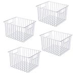 Freezer Organizer Bin, Kitchen Metal Wire Storage Basket, Pantry Cupboard Household Container Divider with Handles, Bathroom, Closet, Bedroom, Office, Rustproof - White（4）