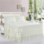 HIG 3 Piece Ruffle Skirt Bedspread Set Queen-Ivory Color 30 inches Drop Ruffled Style Bed Skirt Coverlets Bedspreads Dust Ruffles- Echo Bedding Collections Queen Size-1 Bedspread, 2 Standard Shams