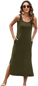 Naggoo Women's Sleevelee Tank Dress Midi Summer Casual Scoop Neck Basic Split Maxi Tshirt Sundresses with Pockets, Army Green, Medium