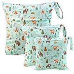 CeeKii Wet Dry Cloth Diaper Bags 3 Pack Washable Travel Bags, Waterproof Wet Bag, Baby Reusable Beach Pool Gym Bag for Swimsuits and Wet Clothes with Zippered Pocket and Snap Handle (Green)