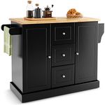 TANGZON Large Kitchen Island on Wheels, Rolling Storage Trolley with 2 Cabinets, 3 Drawers, Adjustable Shelves, Rubber Wood Worktop, Spice & Towel Rack, Utility Serving Cart for Dining Room (Black)