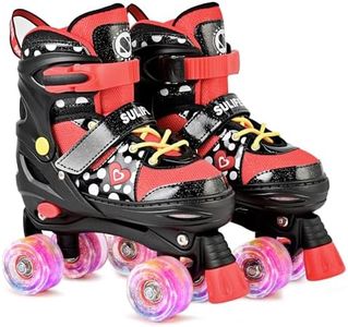 SULIFEEL Adjustable Roller Skates for Girls Ages 5-8 6-12 with Polka Dots & Bow, Light Up Wheels, 4 Sizes Adjustable for Beginner Kids Skates Indoor Outdoor Sports