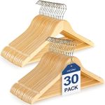 TOPIA HANGER Wooden Hangers (30 Pack), Natural Wooden Coat Hangers with Non Slip Pants Bar, 360°Swivel Hook and Shoulder Notches for Suit, Jacket, Pants, Smooth Finish Clothes Hangers - CT34N30