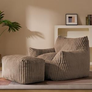 Giant Plush Bean Bag Chair for Adults with Armrests and Footstool - Oversized Comfy Khaki Beanbag Chaise Lounge Lazy Floor Sofa Chair for Living Room, Bedroom & Dorm, Cozy Fluffy Cloud Mini Couch