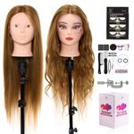 Neverland Hairdressing Head,28 inch 50% Real Human Hair Training Head Cosmetology Make-up Mannequin Manikin Doll Head with Table Clamp Holder,Eyelash,DIY Hair Styling Braid Set(Gold)