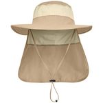 LCZTN Mens UPF 50+ Sun Protection Safari Cap Wide Brim Fishing Hiking Hat with Neck Flap for Garden Work (Khaki)