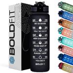 Boldfit Water Bottles 1 Litre Sipper Bottle For Adults, Kids,Unbreakable Motivational Water Bottle Time Mark Sipper With Straw & Time For Gym Office School Home Water Bottle for Kids -Black (Plastic)