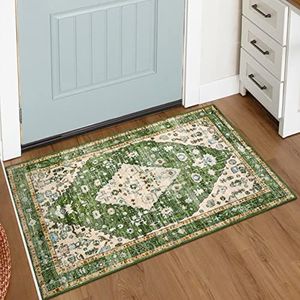 Lahome Boho Tribal Area Rug - 2x3 Distressed Small Green Rug for Entryway, Soft Non Slip Washable Bathroom Mat Bohemian Low Pile Indoor Floor Door Carpet for Entryway Chair Bedroom Living Room, Green