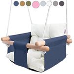 CaTeam - Canvas Baby Swing, Wooden Hanging Swing Seat Chair with Safety Belt, Durable Baby Swing Chair, Outdoor and Indoor Swing for Kids, Mounting Hardware Included, Blue