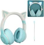 Gugxiom Cat Ear Headphones, Wireless Gaming Headsets via Bluetooth 5.1/3.5mm AUX Cable, Foldable Headphones with 7 Colors LED Lights and 4 LED Modes for Girls, Adults (Vegetable)