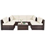 HAPPYGRILL 6 Pieces Outdoor Patio Furniture Set, PE Rattan Conversation Set with Tempered Glass Coffee Table and Cozy Cushions, Weather Resistant Sectional Sofa Set, White