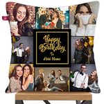 k1gifts Cotton Personalized 8 Photos And Name Pillow For Happy Birthday Printed Cushion Cover With Filler 12X12 Inch,White