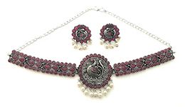 Sasitrends Classic Peacock Designer Oxidized German Silver Stone Studded Choker Jewellery Set with Earring For Women and Girl