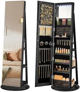 SONGMICS 6 LEDs Lockable Mirror Jewelry Cabinet, 360° Swivel Jewelry Organizer Armoire Standing, Frameless Full-Length Mirror, 3 Storage Shelves, Black Surface, Black Lining UJJC007B01