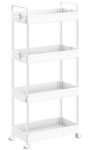 SOLEJAZZ 4-Tier Storage Trolley Cart Slide-out Rolling Utility Cart Mobile Storage Shelving Organizer for Kitchen, Bathroom, Laundry Room, Bedroom, Narrow Places, Plastic, White