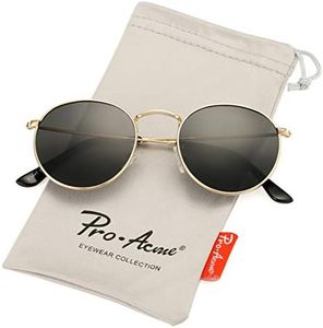 Pro Acme Small Round Metal Polarized Sunglasses for Women Retro Designer Style, C1 | Gold Frame | Black Lens, Small