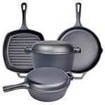 Pre Seasoned Cast Iron 6 Piece Bundle Gift Set, Double Dutch, Multi Cooker, Skillet & Square Grill Pan, Kitchen and Outdoor Camping Cookware/Bakeware Set (6 Piece)