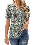 EFFAN Womens Summer Tops Casual V Neck Pleated Puff Short Sleeve T Shirts Flower Print Tunic Blouse Floral Black Blue L (UK 16-18)