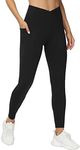 THE GYM PEOPLE Womens' V Cross Waist Workout Leggings with Tummy Control and Pockets Black