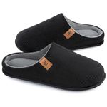 VeraCosy Men's Corduroy Slip-on Slippers Cosy Non-Slip Memory Foam Indoor House Shoes with Coral Fleece Lining Dark Black,8-9 UK