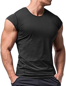 Men Athletic T Shirts Tees Short Sleeve Muscle Cut for Bodybuilding Workout Training Fitness Tops Crew Neck Cotton, Black, XXL