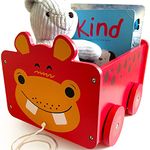 Bee Smart Wooden Toy Box - Hippo Animal | 2 in 1 Pull Along Cart & Storage Box on Wheels for Kids Nursery or Bedroom | Baby Trunks for Children's Toy, Game or Book Organiser | Gifts for Boys & Girls