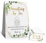 skuhyyg Parenting Tip Jar Sign, Parenting Advice Card, Advice for New Parents, Eucalyptus Gold Green Baby Shower Party(1Sign+50, TCards), Tips for the Parents To Be