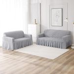 HOKIPO 280 GSM Elastic Stretchable 3 Seater & 2 Seater Turkish Bubble Frill Sofa Cover, Ash Grey (AR-4603-B7 + AR-4604-B7)