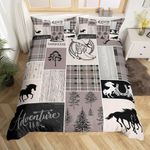 Erosebridal Western Horse Duvet Cover, Rustic Farmhouse Bedding Set Queen, Southwest Riding Boots Horseshoe Comforter Cover, Geometric Grid Plaid Patchwork Quilt Cover Cabin Decor for Bedroom, Brown