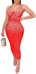 Women Long Sleeve Birthday Dresses Sexy hot Diamond Process Sexy Dress Party Club Night Dress…, Red 10, Large