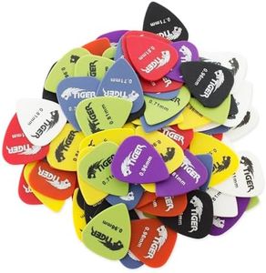 TIGER AP100A Paquete de 100 púas de guitarra para guitarra acústica/clásica/eléctrica/bajo Variedad de calibres Ligero/Medio/Pesado - 0.58 mm / 0.71 mm / 0.81 mm / 0.96 mm - Colores surtidos