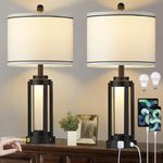 Modern Table Lamps Set of 2, Industrial Beside Lamps with USB A+C Charging Ports & AC Outlet, Nightstand Lamp with Glass Night Light for Living Room Bedroom End Table Decor White(4 Bulbs Included)