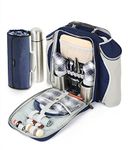 Greenfield Collection 2 Person Deluxe Picnic Set Rucksack With Flask With Matching Picnic Blanket; Picnic Hamper Includes Cutlery Set; Perfect Waterproof Coolbag Backpack for Outdoors - Navy