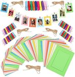 Tanstic 105Pcs 5 Sizes 10 Colors Paper Picture Frames Kit with Wooden Clips and String, Cardboard Picture Frames DIY Cardboard Photo Hanging Display Paper Photo Frame Cards Gallery Frames