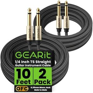 GearIT Guitar Instrument Cable (10ft 2-Pack) 1/4 Inch to 1/4 inch TS Straight Male to Male 6.35mm Mono Jack with Alloy Connector and Nylon Braid